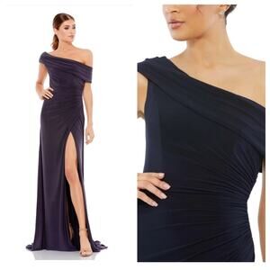 NWT IEENA for MAC DUGGAL 26517 Navy Foldover Off-The-Shoulder Slit Gown Women’s